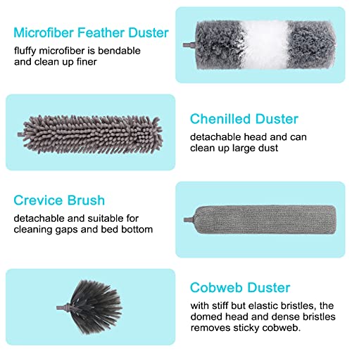 12pcs Microfiber Dusters, Duster with Extension Pole(Stainless Steel) 30 to 100'', Washable Dusters, Bendable Extendable Long Feather Duster for Cleaning Fan, High Ceiling, Blinds, Furniture, Cars