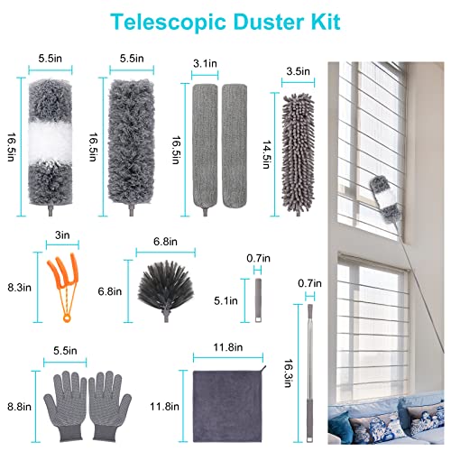 12pcs Microfiber Dusters, Duster with Extension Pole(Stainless Steel) 30 to 100'', Washable Dusters, Bendable Extendable Long Feather Duster for Cleaning Fan, High Ceiling, Blinds, Furniture, Cars