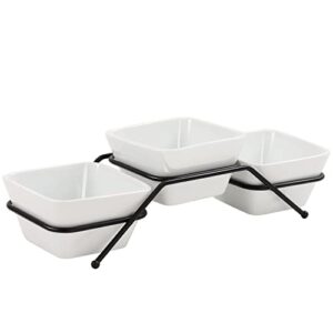 buyajuju 3 pcs square bowl porcelain chip & dip serving set with black metal stand, 4.5inch white small serving bowls for side dishes, salsa, appetizer, serving dishes for entertaining