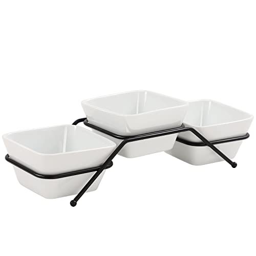 Buyajuju 3 pcs square bowl Porcelain Chip & Dip Serving Set with Black Metal Stand, 4.5inch White Small Serving Bowls for Side Dishes, Salsa, Appetizer, Serving Dishes for Entertaining