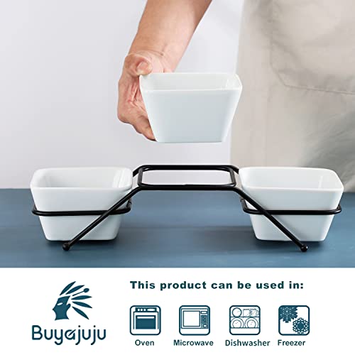 Buyajuju 3 pcs square bowl Porcelain Chip & Dip Serving Set with Black Metal Stand, 4.5inch White Small Serving Bowls for Side Dishes, Salsa, Appetizer, Serving Dishes for Entertaining