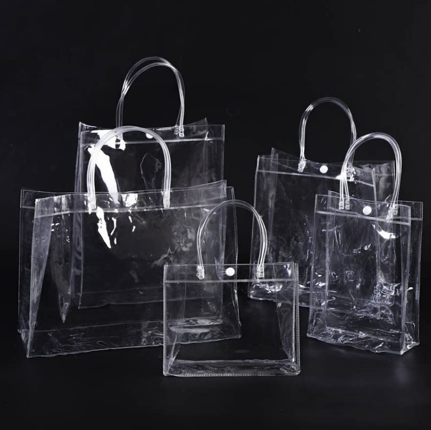 Rikyo 12 pc Clear Gift Bags,Plastic Gift Bags with Handle and Button, Reusable Transparent PVC Gift Wrap Tote Bag for Bridal Party Favor, Baby Shower, Wedding Favor, Shopping Bag Bulk (10x8x3)