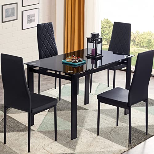 Recaceik 5 Pieces Modern Dining Table Set for 4, Rectangle Glass Table and 4 PU Leather Kitchen Dining Room Chairs with Metal Frames, Dining Room Table and Chairs Set, Easy to Clean & Assemble