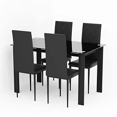 Recaceik 5 Pieces Modern Dining Table Set for 4, Rectangle Glass Table and 4 PU Leather Kitchen Dining Room Chairs with Metal Frames, Dining Room Table and Chairs Set, Easy to Clean & Assemble