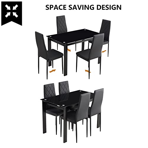 Recaceik 5 Pieces Modern Dining Table Set for 4, Rectangle Glass Table and 4 PU Leather Kitchen Dining Room Chairs with Metal Frames, Dining Room Table and Chairs Set, Easy to Clean & Assemble