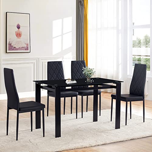 Recaceik 5 Pieces Modern Dining Table Set for 4, Rectangle Glass Table and 4 PU Leather Kitchen Dining Room Chairs with Metal Frames, Dining Room Table and Chairs Set, Easy to Clean & Assemble