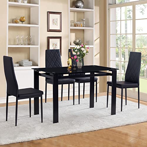 Recaceik 5 Pieces Modern Dining Table Set for 4, Rectangle Glass Table and 4 PU Leather Kitchen Dining Room Chairs with Metal Frames, Dining Room Table and Chairs Set, Easy to Clean & Assemble