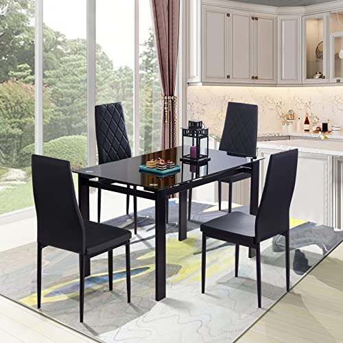 Recaceik 5 Pieces Modern Dining Table Set for 4, Rectangle Glass Table and 4 PU Leather Kitchen Dining Room Chairs with Metal Frames, Dining Room Table and Chairs Set, Easy to Clean & Assemble