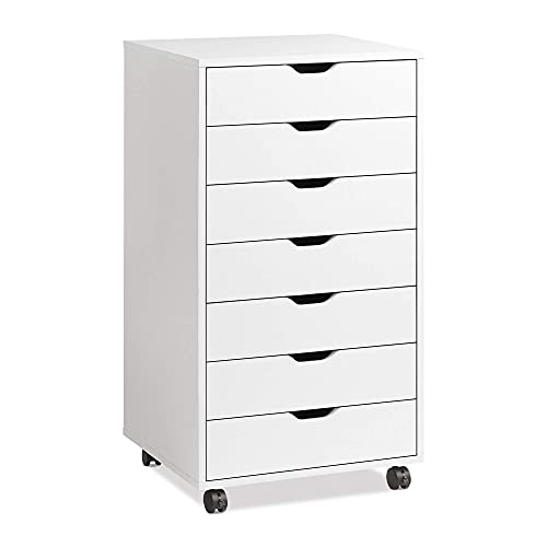 7 Drawer Chest, Mobile File Cabinet with Wheels, Home Office Wood Storage Dresser Cabinet, Large Craft Storage Organizer Makeup Drawer Unit for Closet, Bedroom, Office File Cabinet (White)
