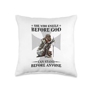 christian religious gifts women warrior womens she who kneels before god can stand before anyone throw pillow, 16x16, multicolor