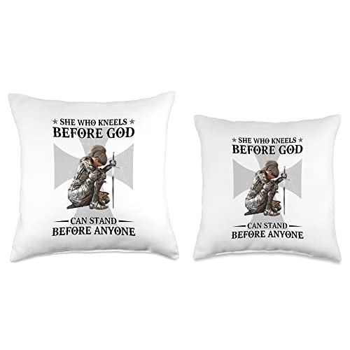 Christian Religious Gifts Women Warrior Womens She Who Kneels Before God Can Stand Before Anyone Throw Pillow, 16x16, Multicolor