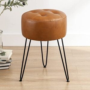 lue bona faux leather vanity stool chair for makeup room， brown stool for vanity, 19” height, tufted small vanity chair stool with metal legs, modern foot stool ottoman for bedroom, living room