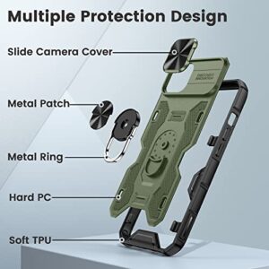 Caka for iPhone 13 Case, iPhone 14 Case with Camera Cover & Kickstand, Built-in 360°Rotate Ring Stand with Camera Lens Protection Magnetic Magnet Protective Phone Case for iPhone 13 iPhone 14-Green