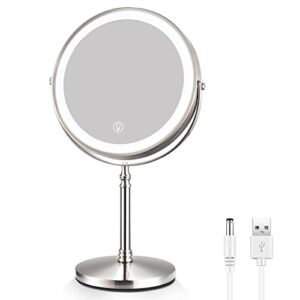 amznevo rechargeable 8'' lighted makeup mirror, 1x 10x magnifying vanity mirror with 3 color led lights, touch sensor adjust brightness double-sided cosmetic mirror, brushed nickel