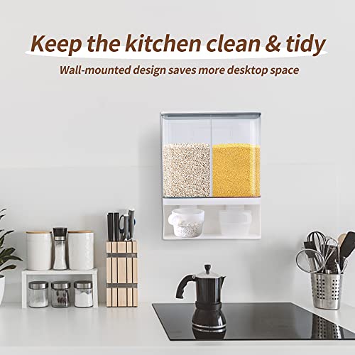 105Oz Rice Dispenser, Wall-Mounted Dry Food Storage Kitchen Organization, Rice Container with 2 Measuring Cups, Suitable for Rice, Beans, Laundry Scent Beads Dispenser