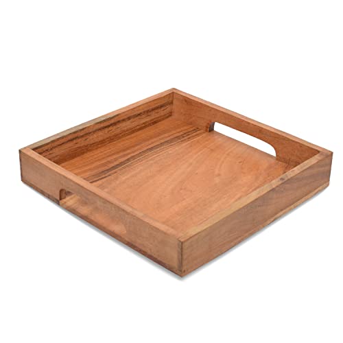 Samhita Acacia Wood Serving Tray with Handles,Wooden Serving Tray, Snack Tray, Breakfast Tray, Great for, Breakfast, Coffee |Size- 10" x 10" x 1.75"