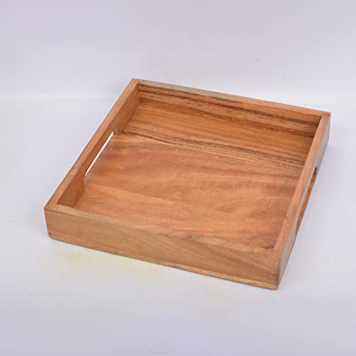 Samhita Acacia Wood Serving Tray with Handles,Wooden Serving Tray, Snack Tray, Breakfast Tray, Great for, Breakfast, Coffee |Size- 10" x 10" x 1.75"