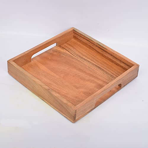 Samhita Acacia Wood Serving Tray with Handles,Wooden Serving Tray, Snack Tray, Breakfast Tray, Great for, Breakfast, Coffee |Size- 10" x 10" x 1.75"