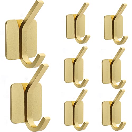 Adhesive Hooks - Heavy Duty Wall Hooks Towel Hooks for Hanging Coat,Robe,Towels,Hat,Robe Wall Mounted Rustproof and Oil Proof Hook for Bathroom,Kitchen Waterproof Aluminum Alloy (Gold 8ps)