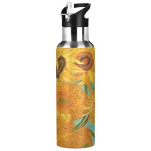 alaza van gogh sunflower water bottle with straw lid vacuum insulated stainless steel thermo flask water bottle 20oz 11