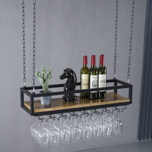 rzgy hanging wine rack with glass holder and shelf, ceiling mounted wine rack adjustable industrial hanging wine bottle holder, 31.5in metal iron wine shelf black
