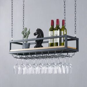 RZGY Hanging Wine Rack with Glass Holder and Shelf, Ceiling Mounted Wine Rack Adjustable Industrial Hanging Wine Bottle Holder, 31.5in Metal Iron Wine Shelf Black