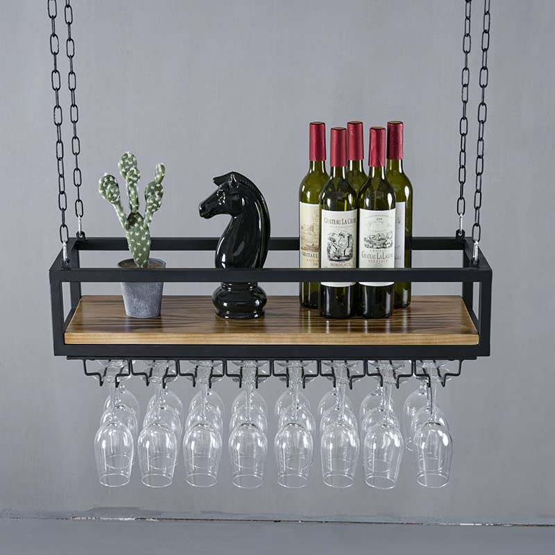 RZGY Hanging Wine Rack with Glass Holder and Shelf, Ceiling Mounted Wine Rack Adjustable Industrial Hanging Wine Bottle Holder, 31.5in Metal Iron Wine Shelf Black