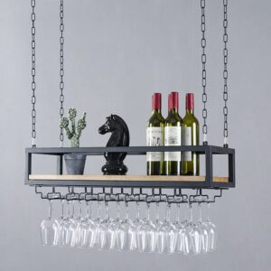 RZGY Hanging Wine Rack with Glass Holder and Shelf, Ceiling Mounted Wine Rack Adjustable Industrial Hanging Wine Bottle Holder, 31.5in Metal Iron Wine Shelf Black