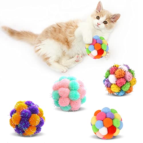 TUSATIY Cat Toys Balls with Bells,5PCS Cat Pom Pom Balls Toy,Tinsel Balls for Cats, Interactive Cat Toys for Indoor Cats and Kittens