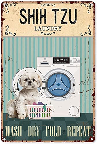 Mocozim Funny Laundry Room Decor and Accessories Laundry Shih Tzu Wash and Dry Tin Sign Decoration Vintage Chic Metal Poster Wall Decor Art Gift for Laundry Room Farmhouse Door 12x8 inch