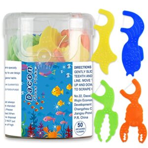 dacon kids flossers, kids dental floss picks without fluoride, unflavored, 4 colors ocean animals shaped makes flossing fun, 50 count
