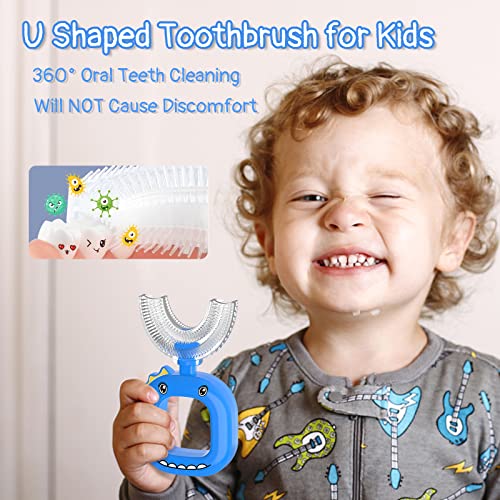 U Shaped Toothbrush - for Kids, Manual Whole Mouth Toddler Toothbrush Age 2-4 5 6 & up, Food Grade Soft Silicone Brush Head, 360° Oral Teeth Cleaning Design, Good for Children's Dental Health, 2 Blue