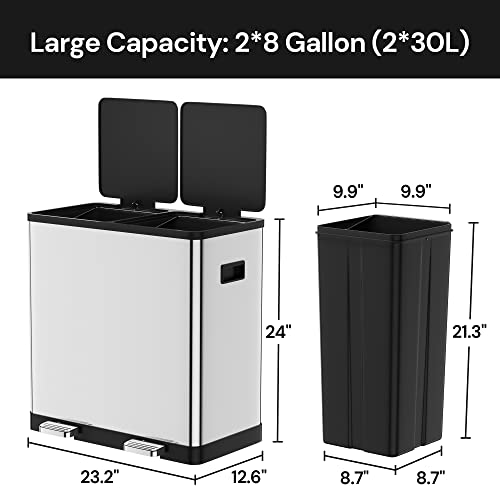 SunsGrove Trash Can 60L/16 Gallon Dual Trash Bin Recycle Bin with Dual Compartments Stainless Steel Step Garbage Can with Soft-Close Lid & Foot Pedals Recycling Bin for Kitchen/Office