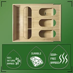 LUDING Ziplock Bag Storage Organizer,Bamboo Ziplock Bag Organizer for Drawer,Compatible with Gallon, Quart, Sandwich and Snack Plastic Bag Organizer Variety Size Bag(1 Box 4 Slots)