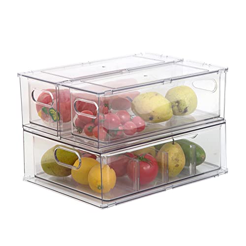 Vonbryzy 3 Pack Stackable Refrigerator Organizer Bins with Pull-out Drawer, Clear Fridge Drawer Organizer with Handle, Large Food Storage Containers for Kitchen, Pantry Organization, Cabinet, Freezer