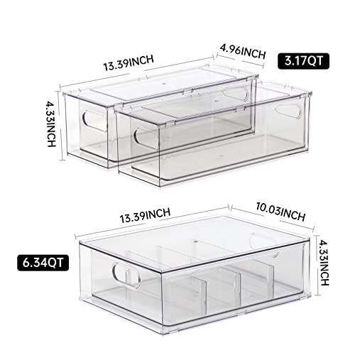 Vonbryzy 3 Pack Stackable Refrigerator Organizer Bins with Pull-out Drawer, Clear Fridge Drawer Organizer with Handle, Large Food Storage Containers for Kitchen, Pantry Organization, Cabinet, Freezer