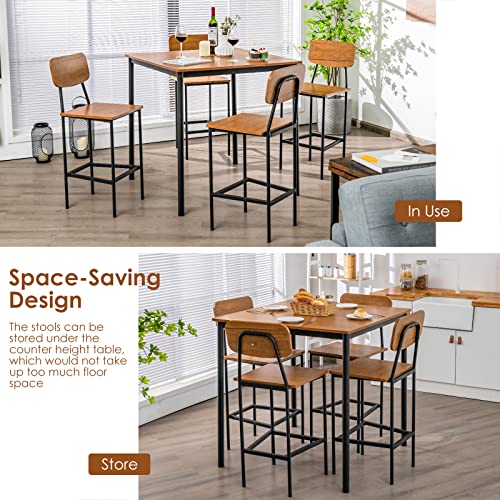Giantex 5-Piece Dining Table Set W/Counter Height Table & 4 Bar Stools, Industrial Kitchen Dining Table Set W/Footrest & Backrest, Space-Saving Dinette Set for Pub, Dining Room, Restaurant