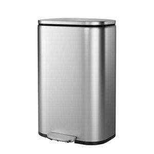 13 gallon trash can, fingerprint proof stainless steel kitchen garbage can with hinged lids & removable inner bucket and durable pedal, pedal rubbish bin for home office indoor outdoor, silver