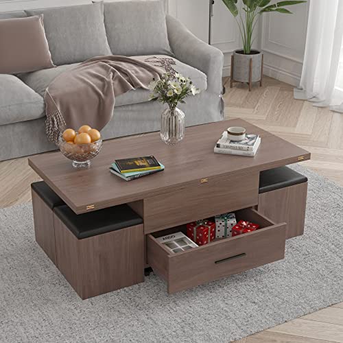 Multifunctional Folding Dining Table Set Lift Top Coffee Table with 4 Storage Ottoman Extendable for 8, Fully Assembled Space Saving Table for Compact Living Space, 47 in, White Oak