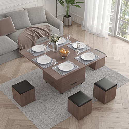 Multifunctional Folding Dining Table Set Lift Top Coffee Table with 4 Storage Ottoman Extendable for 8, Fully Assembled Space Saving Table for Compact Living Space, 47 in, White Oak