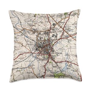 wiltshire england old town atlas vintage swindon uk map (1940) throw pillow, 18x18, multicolor