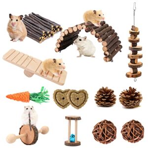 outfandia 13 pack hamster wooden chewing toys, wooden pet chew toys, molar teeth care natural apple wood exercise balls & wheels bell roller climbing toys for hamsters and small rodents.