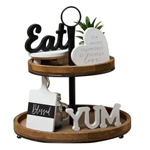 genmous farmhouse kitchen tiered tray decor items mini set, rustic black and white kitchen counter decor, two tiered tray kitchen decor set for home kitchen dining room table decoration