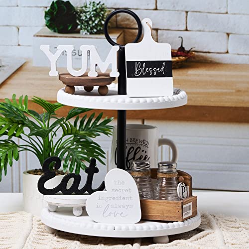 GENMOUS Farmhouse Kitchen Tiered Tray Decor Items Mini Set, Rustic Black and White Kitchen Counter Decor, Two Tiered Tray Kitchen Decor Set for Home Kitchen Dining Room Table Decoration