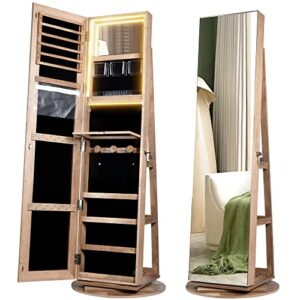 Vlsrka LED Light Jewelry Cabinet with Full Length Mirror 360° Swivel, Large Jewelry Organizer Armoire Lockable Free Standing Mirror with Jewelry Storage, Inside Makeup Mirror, Foldable Makeup Shelf