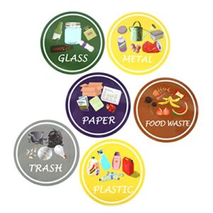 set 6 recycle sticker for trash can bins, waterproof anti-uv strong adhesive, signs decals paper glass plastic metal trash food waste - diam. 3.86"