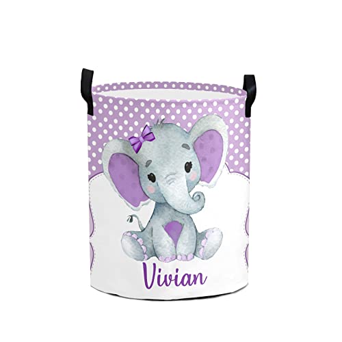 Custom Elephant Purple Laundry Hamper Personalized Laundry Basket with Name Storage Basket with Handle for Bathroom Living Room Bedroom