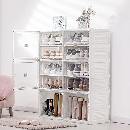 DAMAHOME Shoe Storage Cabinet Organizer - Foldable Shoe Rack for Entryway, Stackable Storage Organizer Cabinet with Doors and Shelves, Shoe Box for Closet, Hallway, Living Room, Large 10 Cubbies