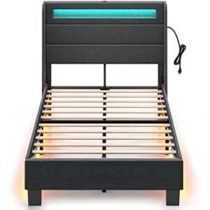 rolanstar bed frame twin size with headboard, upholstered platform bed frame twin with led lights and usb ports, motion activated night light & solid wood slats, no box spring needed, dark grey