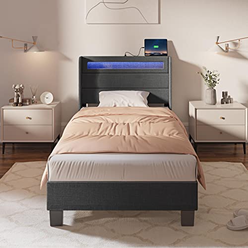 Rolanstar Bed Frame Twin Size with Headboard, Upholstered Platform Bed Frame Twin with LED Lights and USB Ports, Motion Activated Night Light & Solid Wood Slats, No Box Spring Needed, Dark Grey